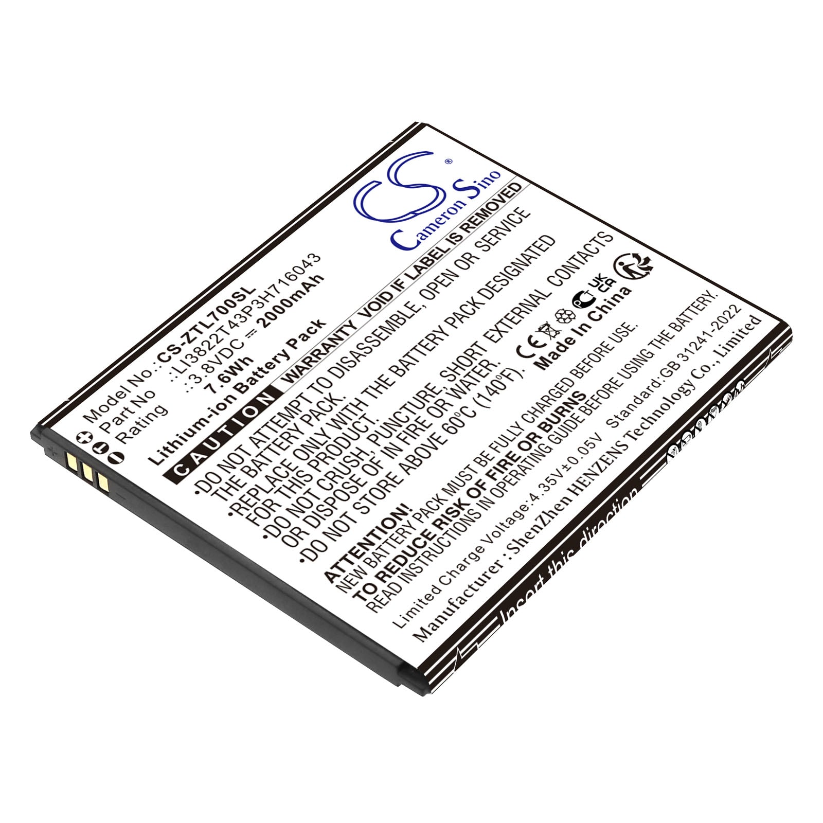 2000mAh LI3822T43P3H716043 Cell phone Battery for ZTE  Blade A30 A320 L7